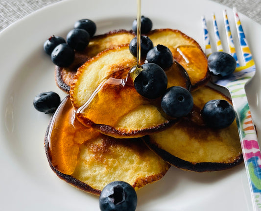Two Medium Sized Ladies recipe sour cream silver dollar hots pancakes fresh blueberries maple syrup kids breakfast tender tasty light delicate sweet breakfast