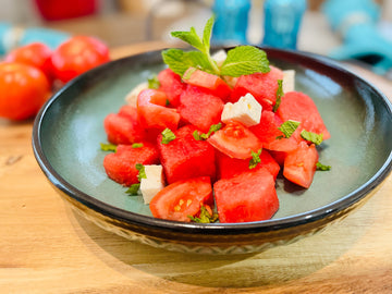 Two Medium Sized Ladies Watermelon and Tomato Salad with Feta and Mint Vintage Modern Side Dish Recipe Seedless Cubed Refreshing Summer Picnic Salad
