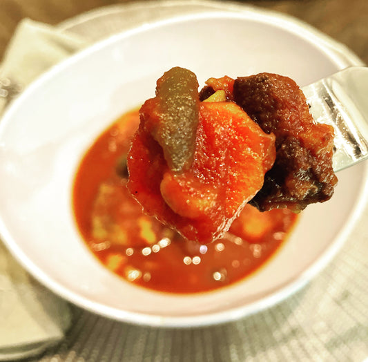 Two Medium Sized Ladies Instapot Beef Stew with chunks of beef carrots corn green beans ketchup beef broth