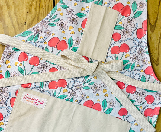 Amanda Bright Designs Summer Bows and Cherries Floral Apron Couture 100% USA made cotton