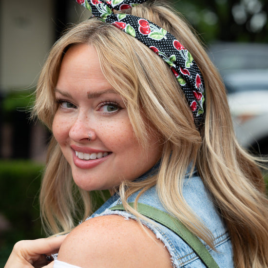 Amanda Bright Designs Black and Red Cherries Original Tie Headband