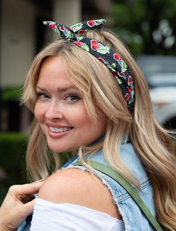 Amanda Bright Designs Black and Red Cherries Original Tie Headband