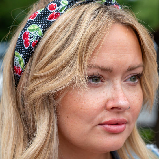 Amanda Bright Designs Black and Red Cherries Original Tie Headband