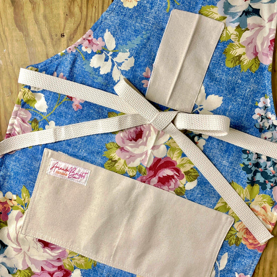 Amanda Bright Designs Betty Apron Summer Roses Blue Background Denim