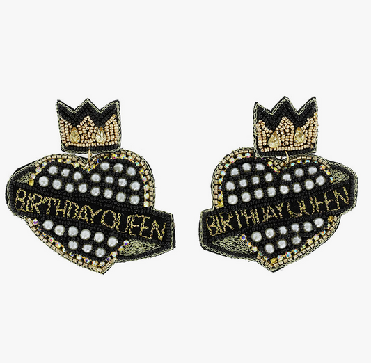 Birthday Queen Black & Gold Crown Heart Earrings
