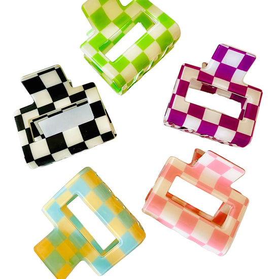 Amanda Bright Designs Set of colorful checkered 2" hair clips claws green purple pink blue black and white