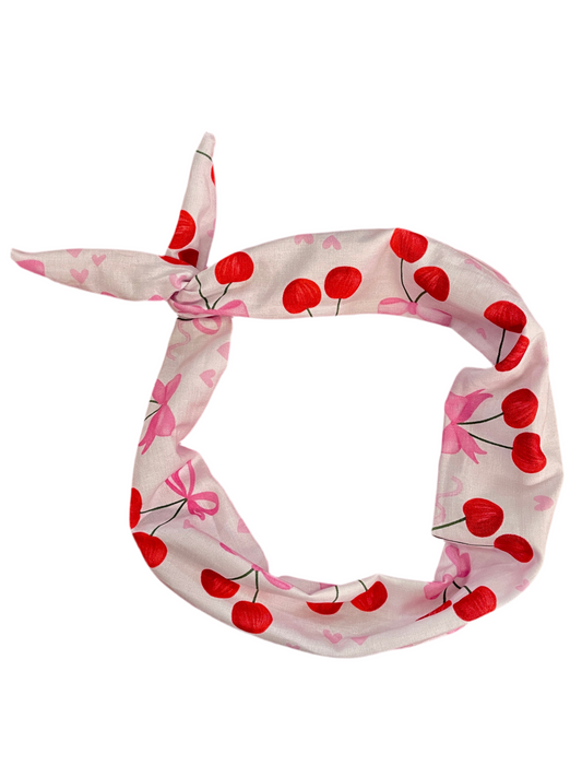 Amanda Bright Designs Cherries and Pink Bows Original Tie Headband Valentines Cherry Motif