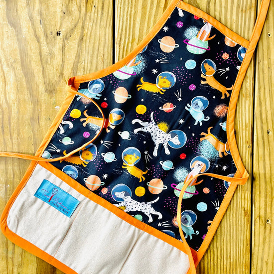 Amanda Bright Designs Children's apron space dogs exploration NASA shooting stars planets cosmos