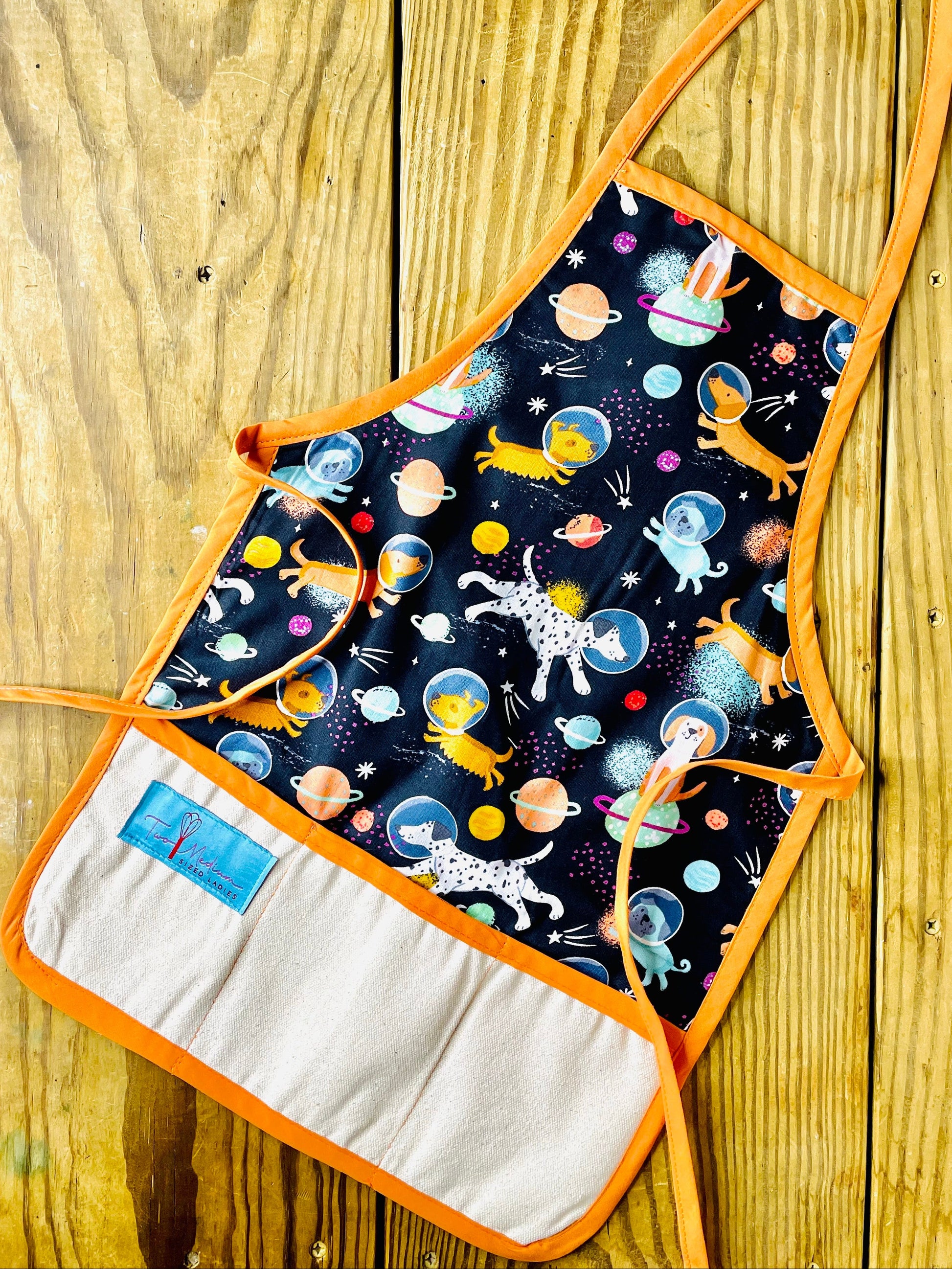 Amanda Bright Designs Children's apron space dogs exploration NASA shooting stars planets cosmos