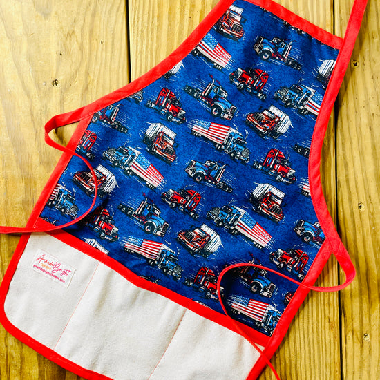 Amanda Bright Designs Children's Big Rig Apron 18 wheeler patriotic USA American flag red white and blue Trucker