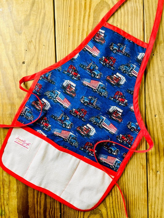 Amanda Bright Designs Children's Big Rig Apron 18 wheeler patriotic USA American flag red white and blue Trucker