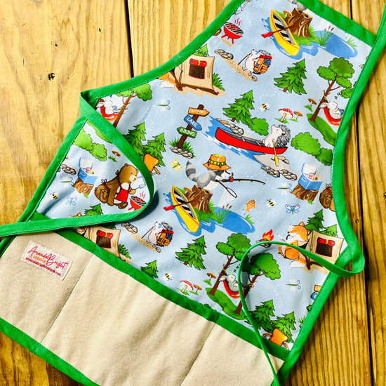 Amanda Bright Designs Children's Camping Adventure Apron Raccoons Fox Hedgehog Bunnies Bears Hiking Camping Fishing Canoeing