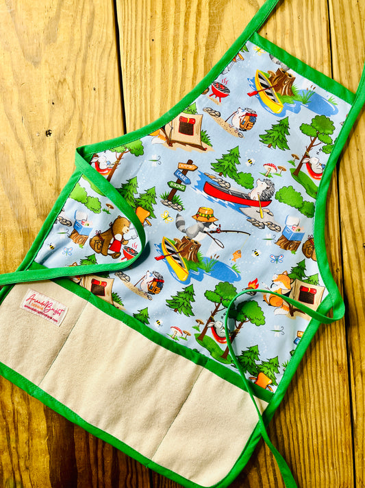 Amanda Bright Designs Children's Camping Adventure Apron Raccoons Fox Hedgehog Bunnies Bears Hiking Camping Fishing Canoeing