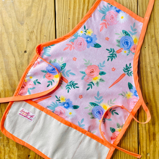 Amanda Bright Designs Flowers and Carrots apron with peach trim easter flowers roses easter bunny carrots childrens kids apron mommy and me style
