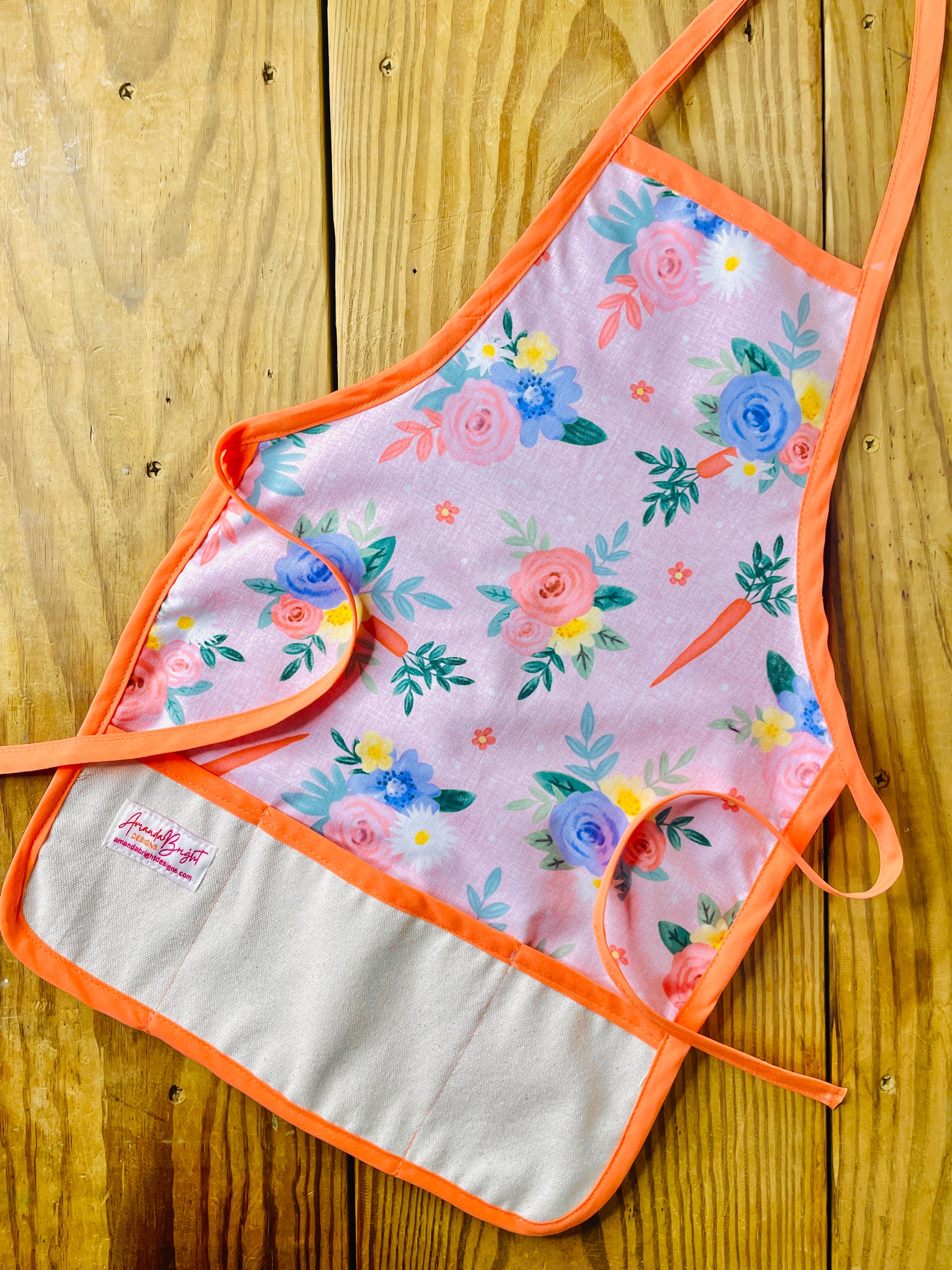Amanda Bright Designs Flowers and Carrots apron with peach trim easter flowers roses easter bunny carrots childrens kids apron mommy and me style