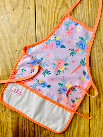 Amanda Bright Designs Flowers and Carrots apron with peach trim easter flowers roses easter bunny carrots childrens kids apron mommy and me style