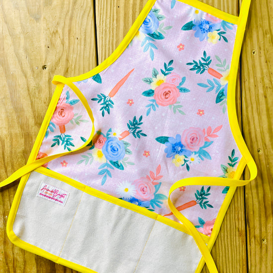 Amanda Bright Designs childrens flowers and carrots apron with yellow strings and trim mommy and me easter bunny carrots