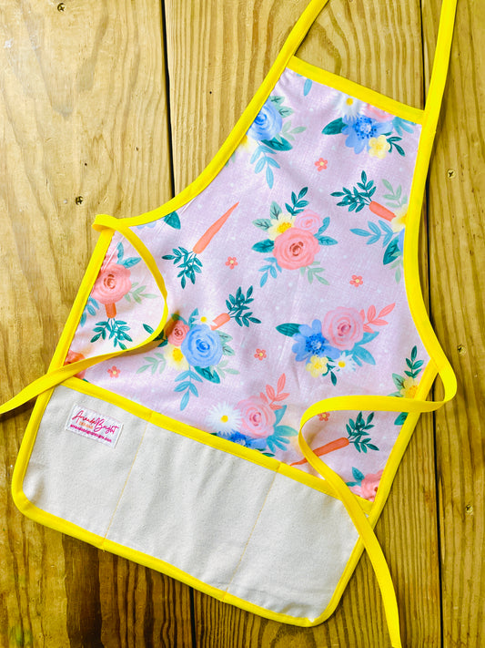 Amanda Bright Designs childrens flowers and carrots apron with yellow strings and trim mommy and me easter bunny carrots