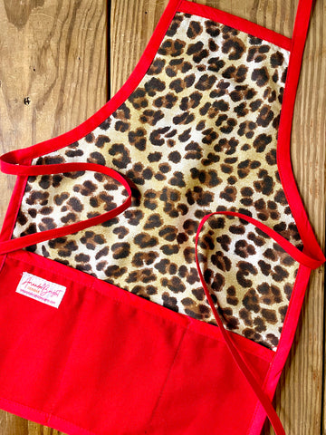 Amanda Bright Designs Children's Leopard Print Apron with Red strings and red canvas pockets