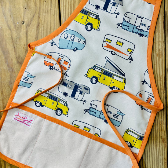 Amanda Bright Designs children’s rv apron camper camping road trip for bake time play time orange apron strings