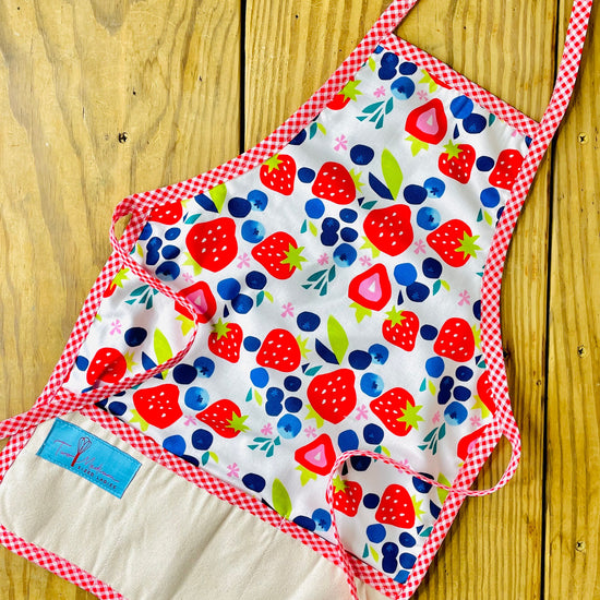 Two Medium Sized Ladies Berries Galore Children's Apron strawberries blueberries red gingham for baking cooking grandma's house kitchen