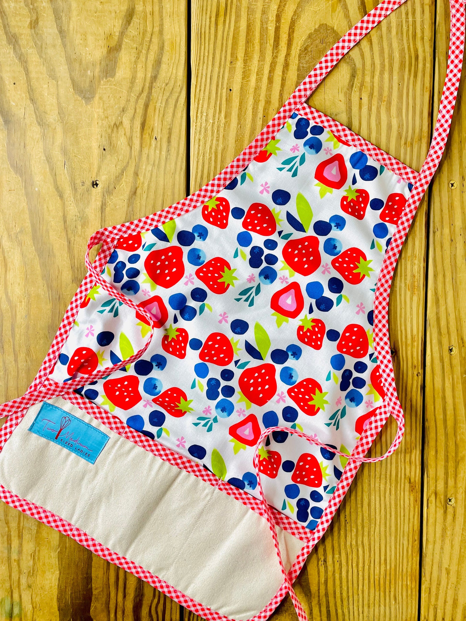 Two Medium Sized Ladies Berries Galore Children's Apron strawberries blueberries red gingham for baking cooking grandma's house kitchen