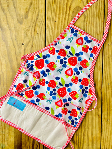 Two Medium Sized Ladies Berries Galore Children's Apron strawberries blueberries red gingham for baking cooking grandma's house kitchen