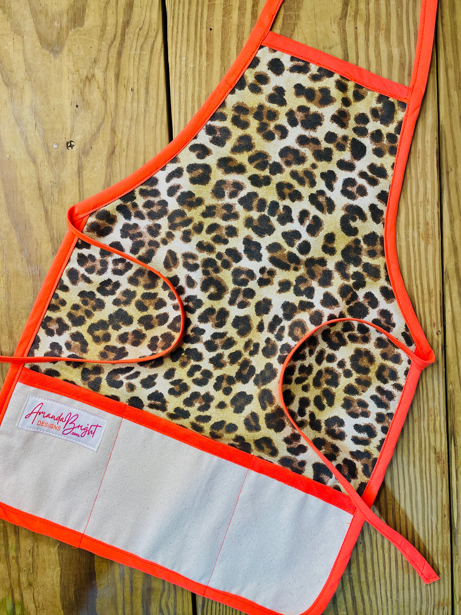 Amanda Bright Designs Childrens Denim Leopard Print Apron with Orange Strings Canvas Pockets