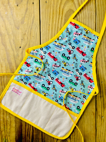 Amanda Bright Designs Children's Zoom Vroom Choo-Choo Apron Ambulance Firetruck Police Car train for cooking baking playtime fun