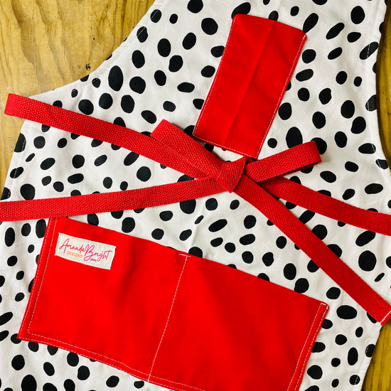 Amanda Bright Designs Darcy Retro Designer Apron Dalmatian Animal Print Midcentury Paris Fashion Red Strings and Pockets