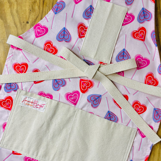 Amanda Bright Designs Darling Cotton Pink Apron red pink purple heart lollipop Fabric for valentines sweetheart love baking cooking