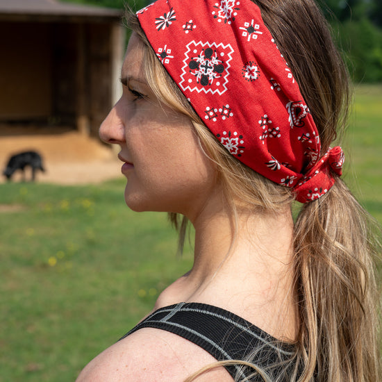 Amanda Bright Designs The Original Tie Headband Denim Red Bandana cowboy country western style