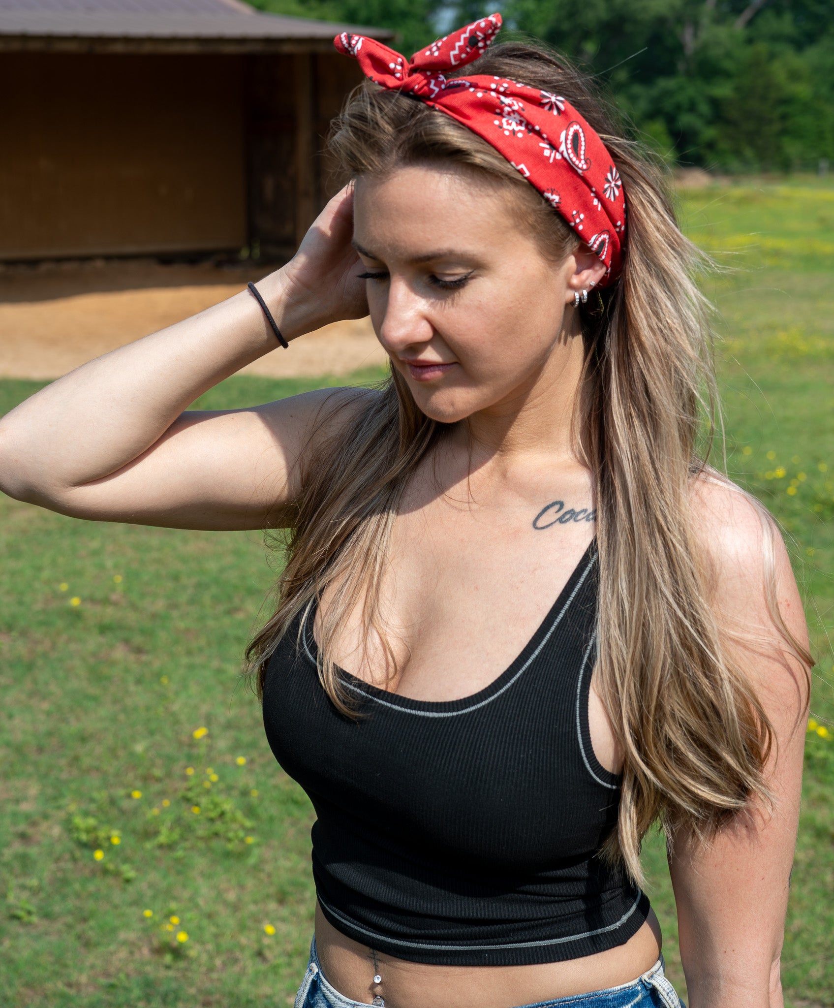 Amanda Bright Designs The Original Tie Headband Denim Red Bandana