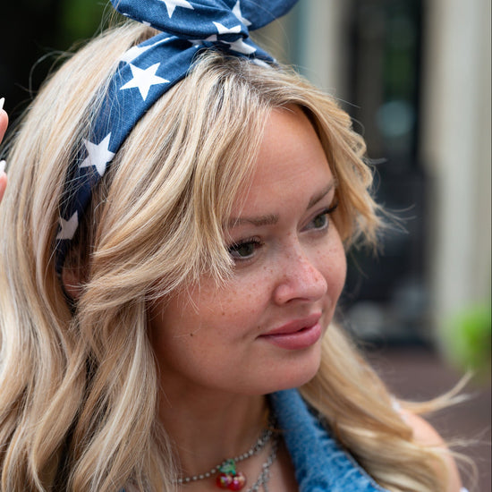 Amanda Bright Designs original tie headband denim stars 4th of July picnic celebration patriotic USA