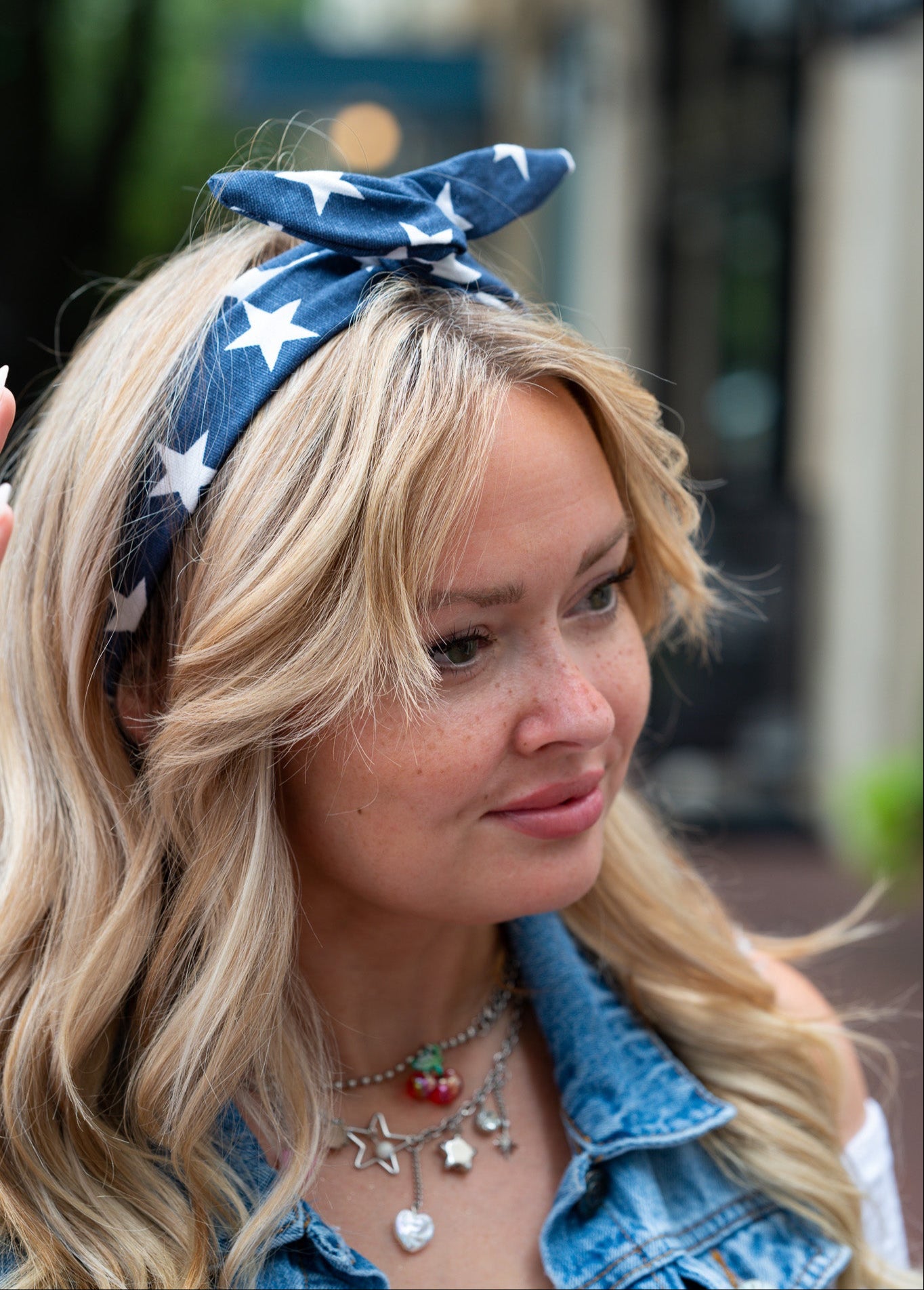 Amanda Bright Designs original tie headband denim stars 4th of July picnic celebration patriotic USA