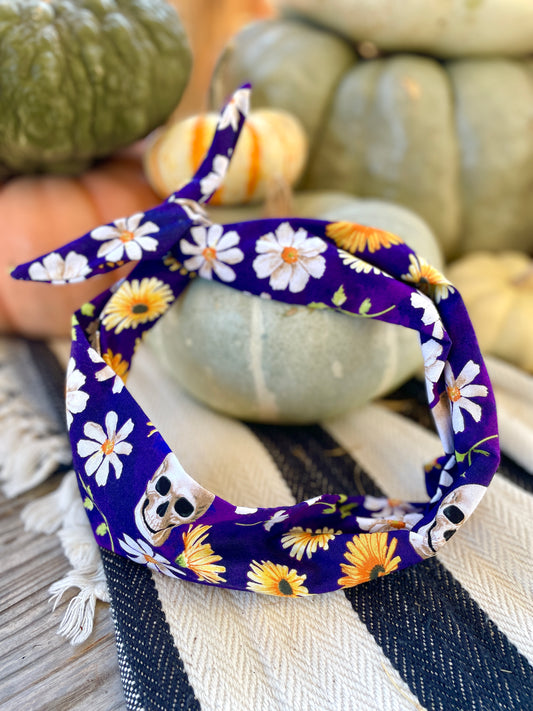 Tie Headband - Skulls & Daisies