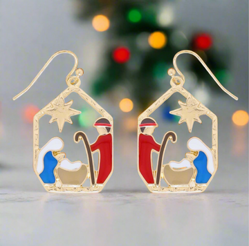 Gold Enameled Nativity Dangle Earrings