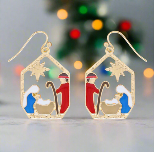 Gold Enameled Nativity Dangle Earrings