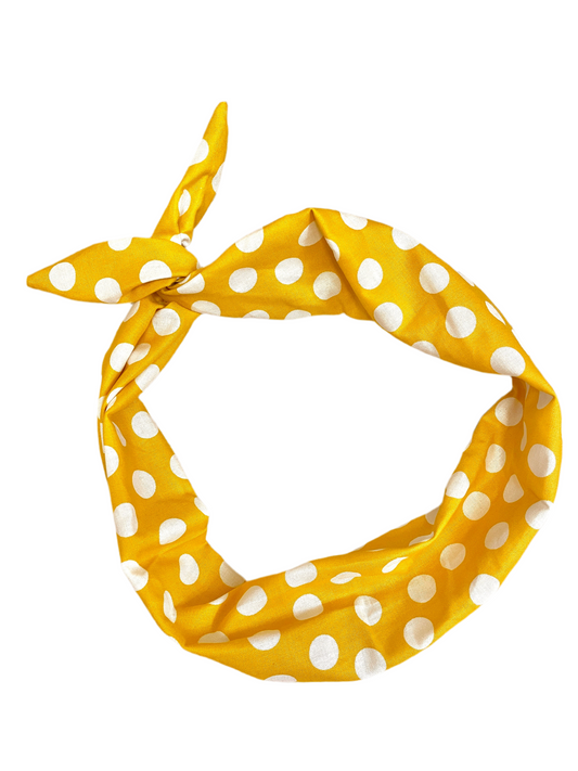 Amanda Bright Designs The Original Tie headband for women golden yellow polkadot
