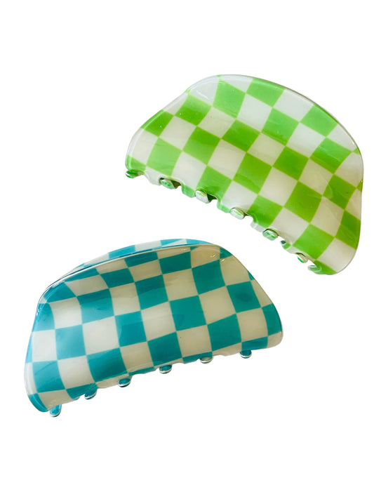 Amanda Bright Designs checkered hair clips green aqua blue