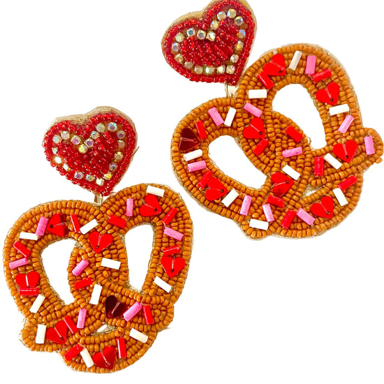 Amanda Bright Designs Heart-shaped pretzel earrings with red, white, and pink beads 
