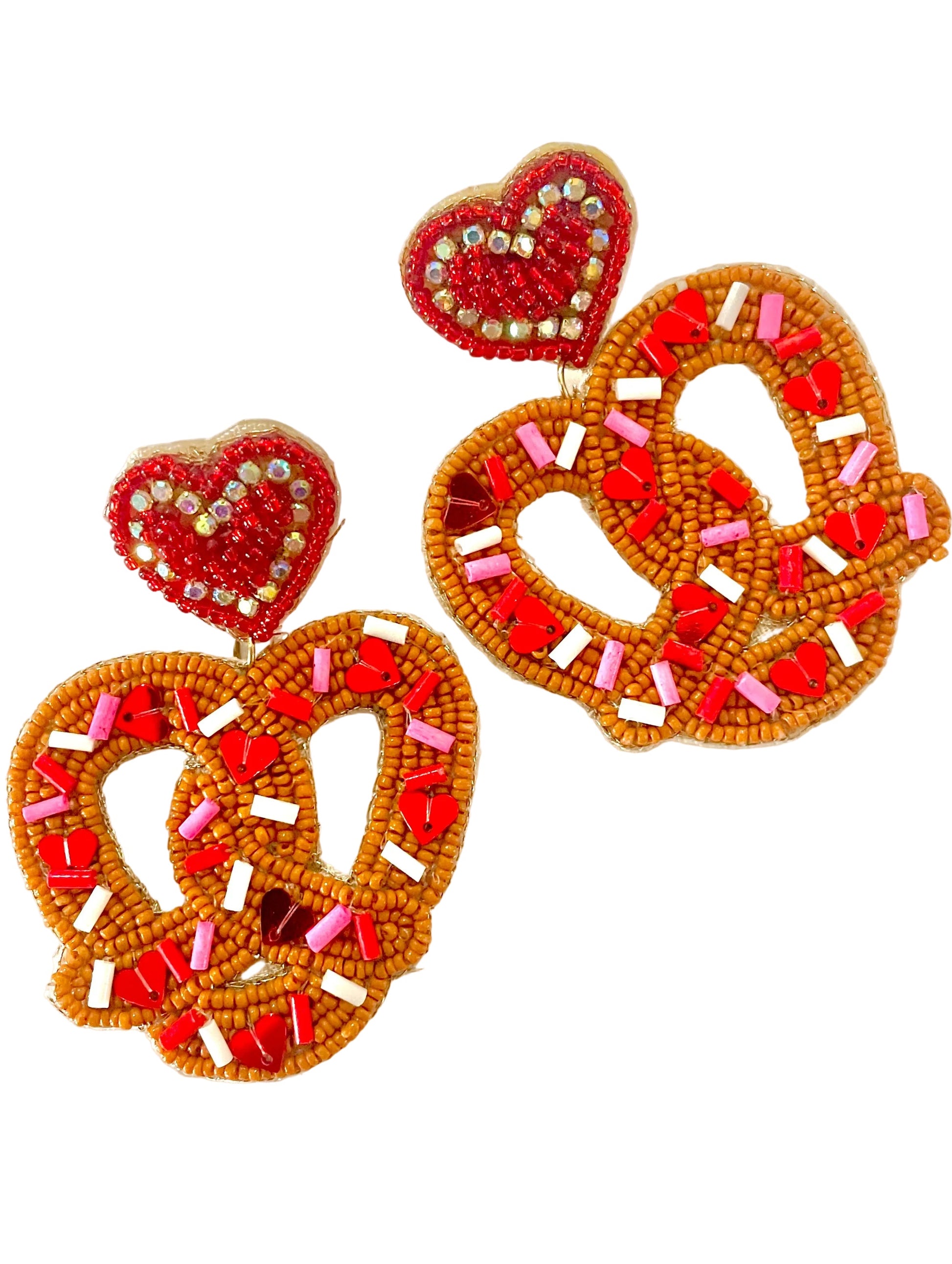 Amanda Bright Designs Heart-shaped pretzel earrings with red, white, and pink beads 