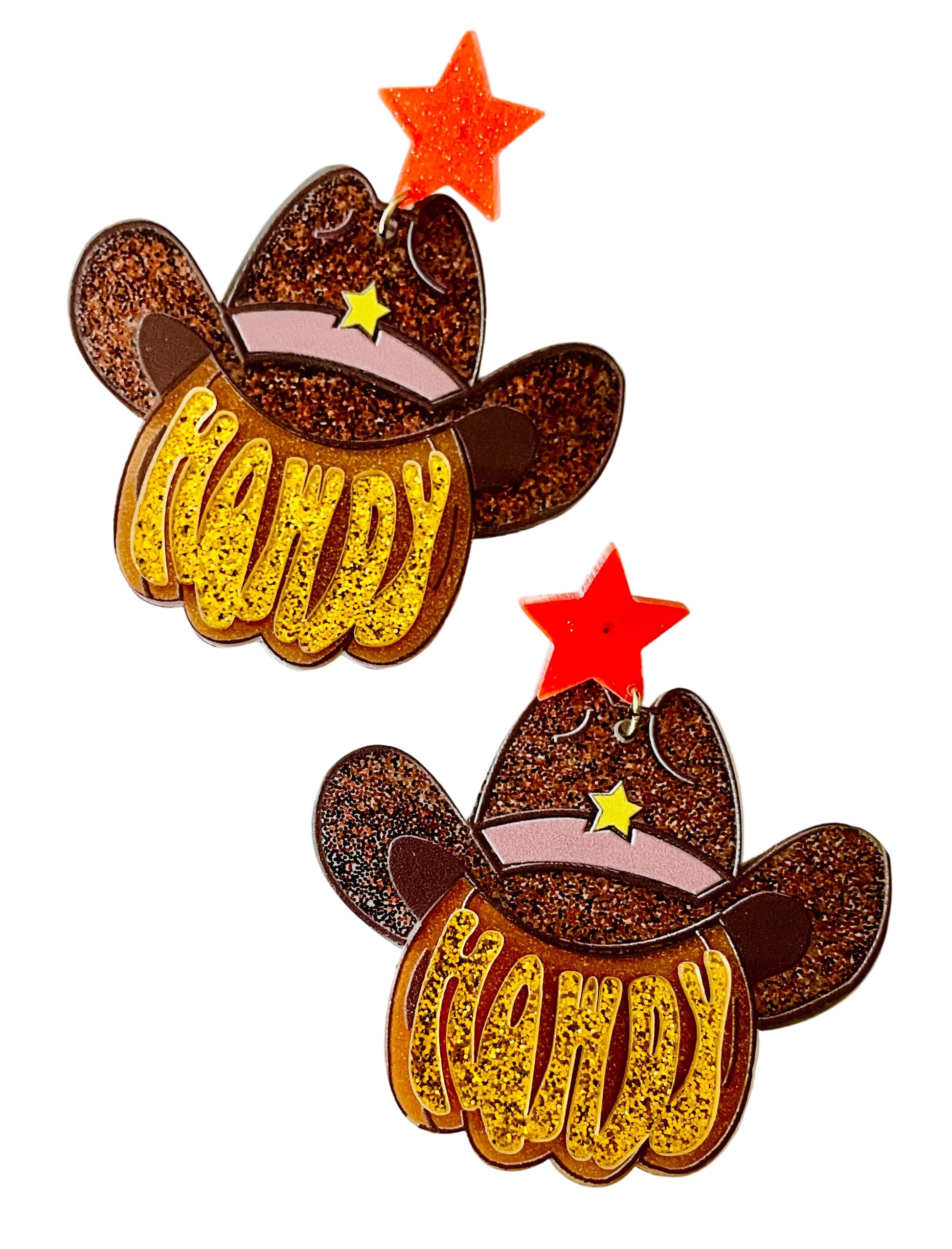 Amanda Bright Designs howdy cowboy hat and star layered acetate earrings