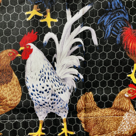 Two Medium Sized Ladies Kathleen Apron chickens wire coop raising farm fabric
