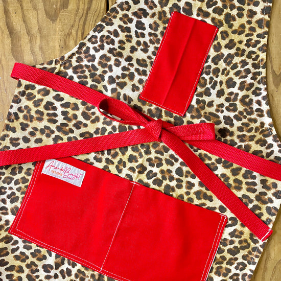 Amanda Bright Designs Kat Apron Denim Leopard Animal Print Red Canvas Pockets Red Strings