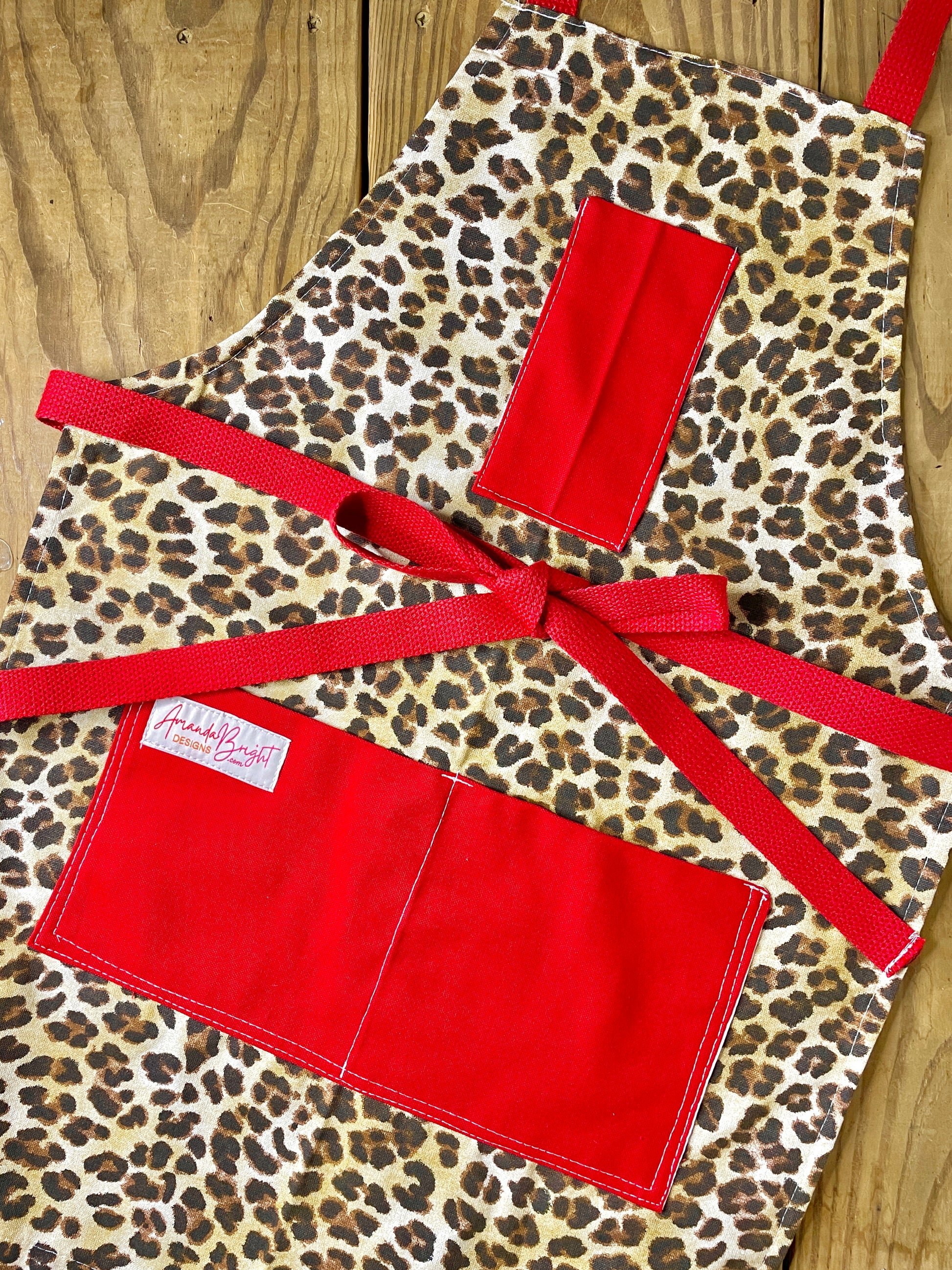 Amanda Bright Designs Kat Apron Denim Leopard Animal Print Red Canvas Pockets Red Strings