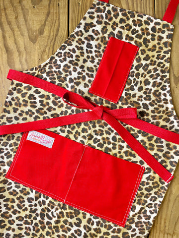 Amanda Bright Designs Kat Apron Denim Leopard Animal Print Red Canvas Pockets Red Strings
