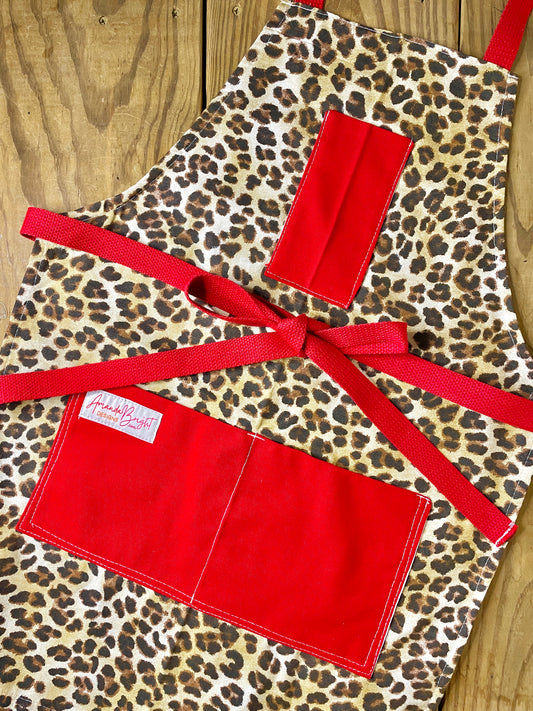 Amanda Bright Designs Kat Apron Denim Leopard Animal Print Red Canvas Pockets Red Strings