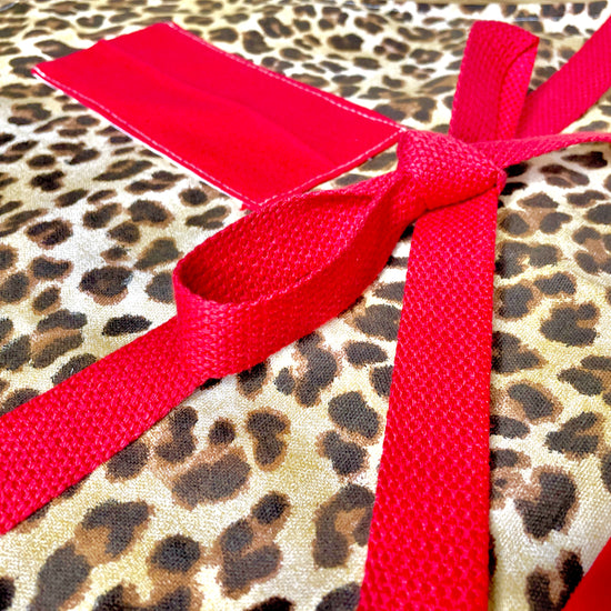 Amanda Bright Designs Kat Apron Denim Leopard Animal Print Red Canvas Pockets Red Strings