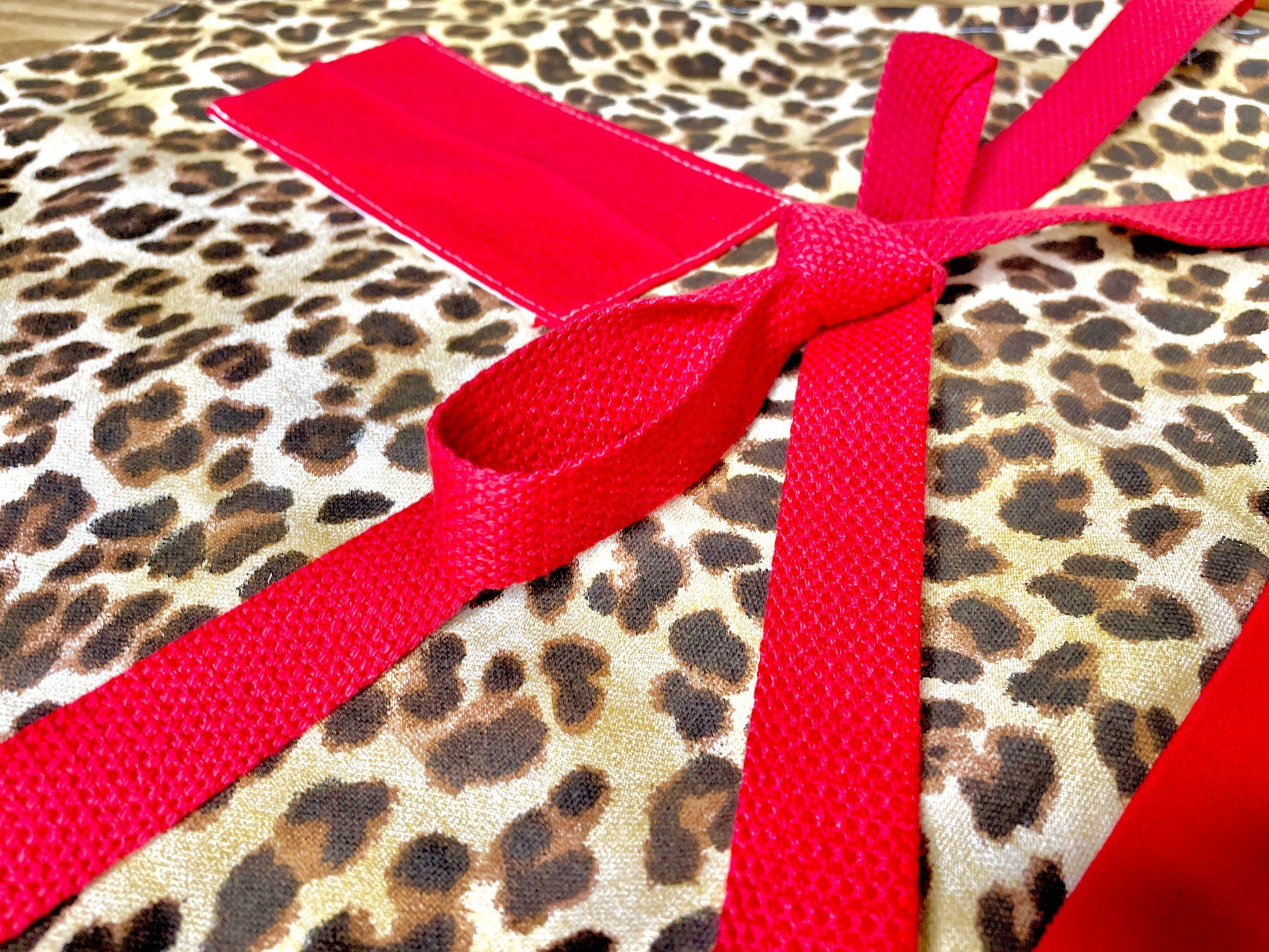 Amanda Bright Designs Kat Apron Denim Leopard Animal Print Red Canvas Pockets Red Strings